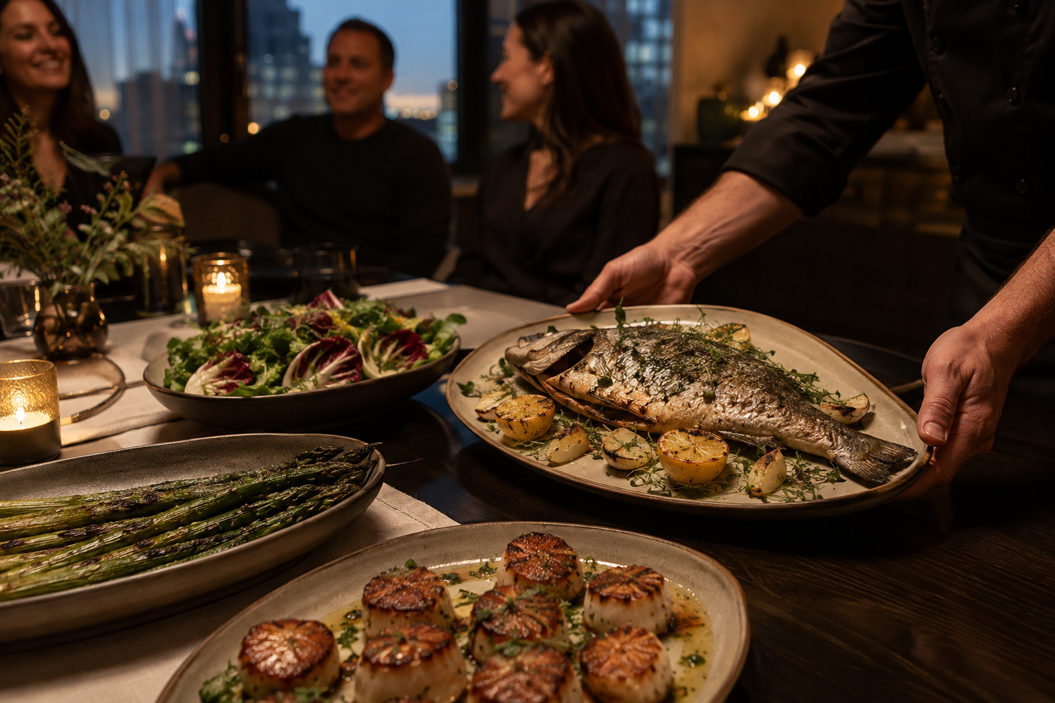A whole roasted fish and seasonal sides being served at a private dinner